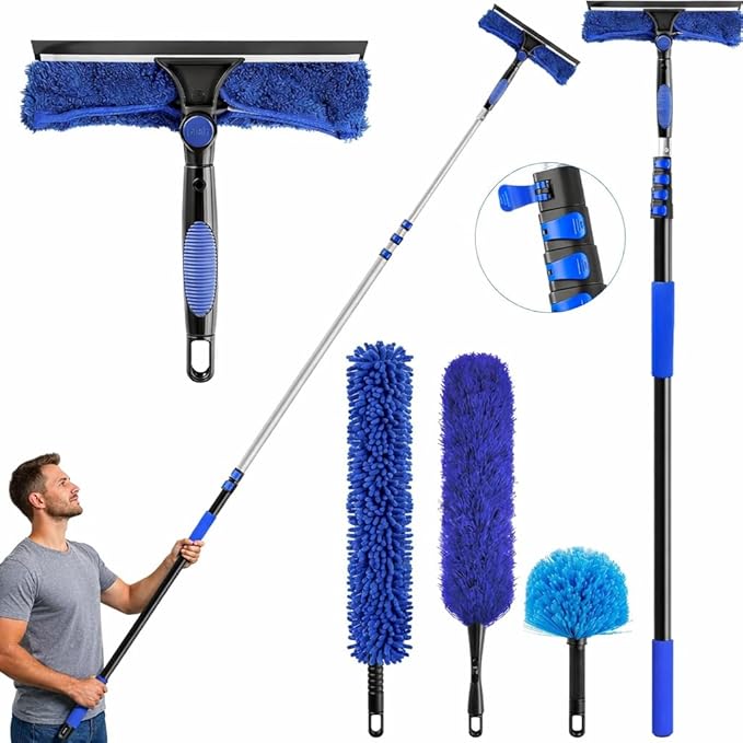 26ft High Reach Duster Kit Aluminum 5-20ft Fan &amp Window Cleaner Set Versatile Dusting Set with 5 Replaceable Heads for Cleaning Fans Windows and Hard-to-Reach Areas Outdoors Without Ladder