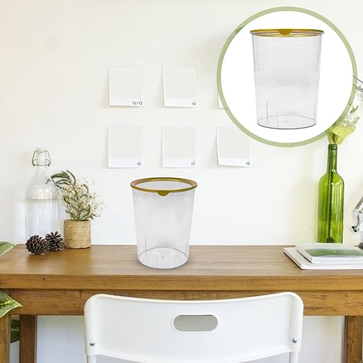 TEHAUX Transparent Round Trash Can Large Capacity Lightweight Desktop Wastebasket for Home Office Compact Impact-Resistant Storage Container with Fashionable Gold Rim