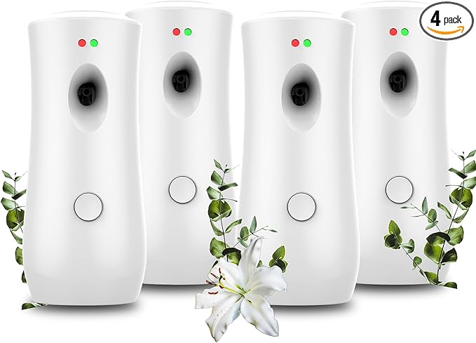 (4-Pack) Auto Air Freshener Spray Dispenser Free Stand or Wall Mounted Automatic Aerosol Aroma Machines are Widely Used in Hotels Bedrooms Airports Bathrooms Offices Commercial Places (White 003)