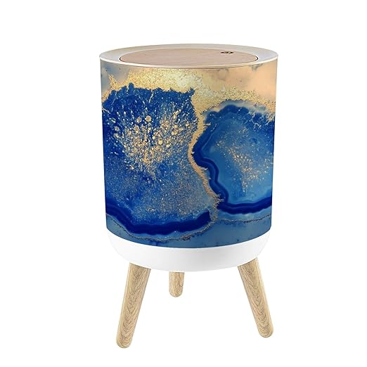 Small Trash Can with Lid Navy Blue Gold Abstract Marble 1.8 Gallon/7L Garbage Can Waste Bin with Press Top Lid Legs Waste Basket for Bathroom Kitchen Bedroom
