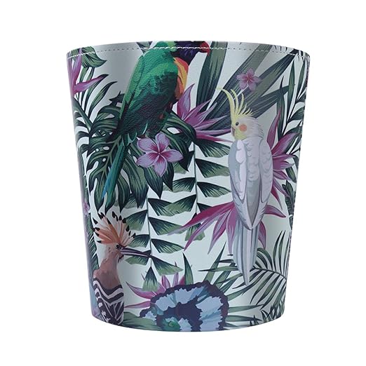 10L/2.64 Gallon Trash Can Decorative Waste Basket PU Leather Waste Paper Basket Waterproof Garbage Can for Bathroom Bedroom Office Kitchen and Living Room - Green and White Bird
