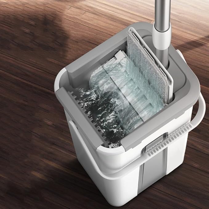 Hands-Free Flat Wet and Dry Dual-Use Mop with Bucket for Floor Cleaning Gray(White)