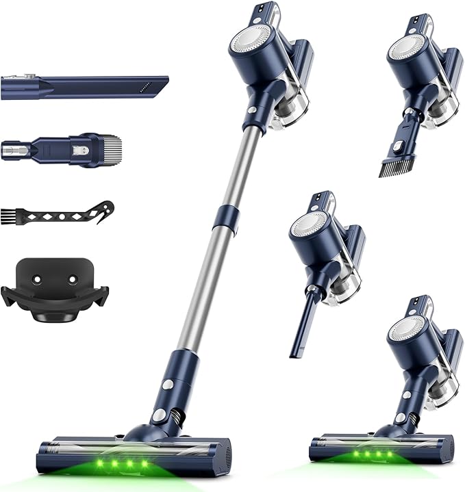 Cordless Vacuum Cleaner for Home: 6-in-1 Stick Vacuum with Powerful Suction Rechargeable Anti-Tangle Pet Hair Brush Self-Standing Green LED Headlight Vacuum for Carpet &amp Hardwood Floors-Dark B