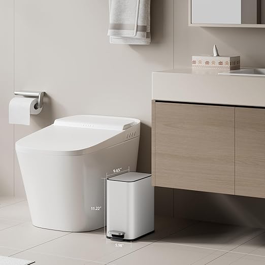 Small Bathroom Trash Can with Lid Soft Close 1.3 Gallon Garbage Can Step Pedal Stainless Steel Wastebasket Slim Trash Bin for Office Bedroom Toilet Live Room (White)