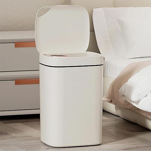 3.7 Gallon Auto-Open Trash Can Touchless Motion Sensor Garbage Bin with Lid 3 Modes Slim Waterproof Plastic Wastebasket for Bathroom Kitchen Office – Creamy White