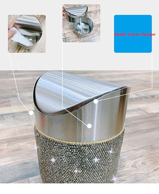 Trash Can Wastebasket – Garbage Container Bin Waste Basket Crystal Rhinestone Bedazzled Glitter Deco Vanity Home Office Desk Perfect for Vanity and Small Items -Black