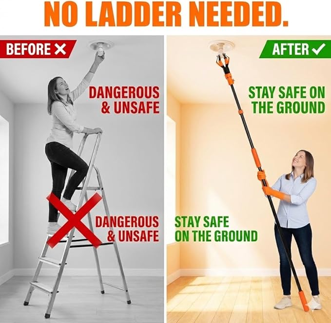 20FT Light Bulb Changer for High Ceilings 10PCS Extension Pole Kit with 360° Adjustable Bulb Grabber Ceiling Fan Duster &amp Window Cleaner No Ladder Needed