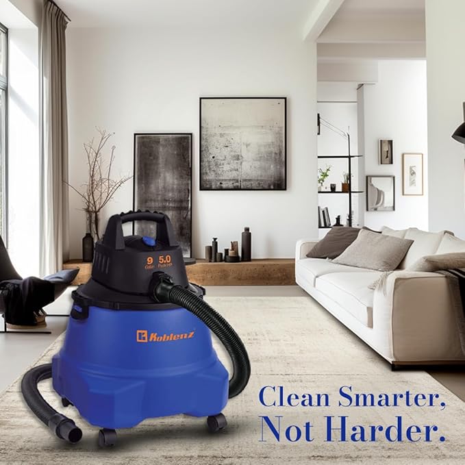 Koblenz Wet Dry Vacuum Cleaner 9.0 Gallon Tank 5.0 HP Powerful Vacuum for Dry and Wet Messes Vacuum Cleaner and Blower Accessories Included Black+Blue (WD-9 L212)