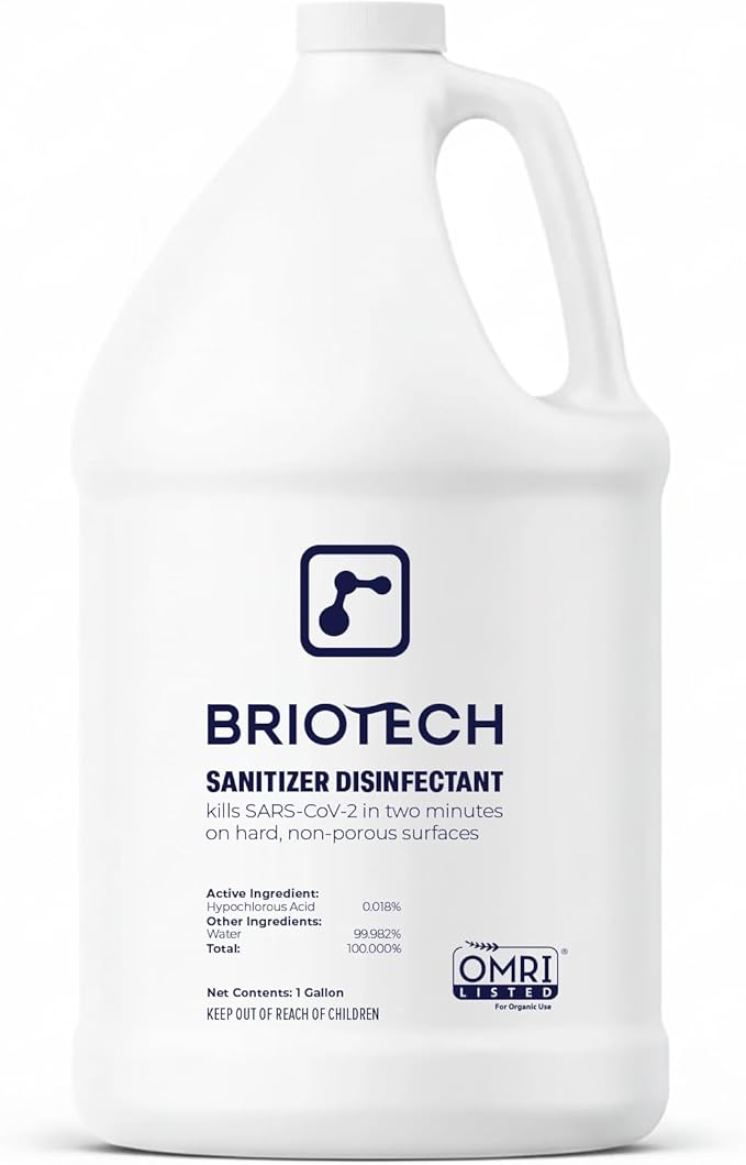 BRIOTECH Sanitizer Disinfectant Hypochlorous Kill 99.99% of Viruses &amp Bacteria Control Mold Eliminate Odor Gentle for Nursery &amp Play Rooms Food Contact Surface Sanitizer 1 Gallon Refill