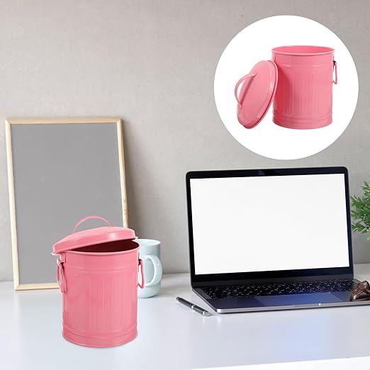 Metal Trash Can with Lid Small Desktop Garbage Bin Retro Pink Iron Table Wastebasket for Office and Bedroom Organization