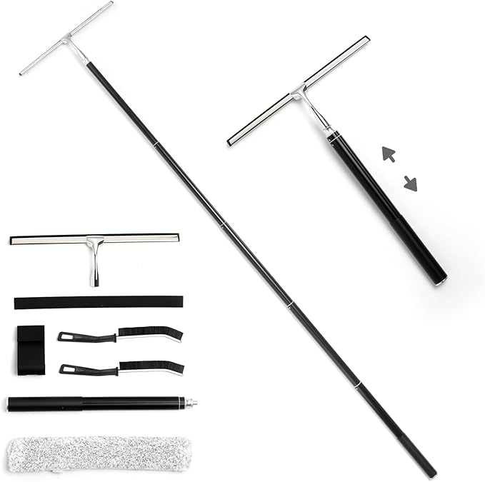 16.7“- 59.5 Long Handle Window Squeegee with Extension Pole 12.4 Wide Metal Shower Squeegee for Glass Doors 2-in-1 Squeegee for Home Window Cleaning Tile Wall Car (Silver)