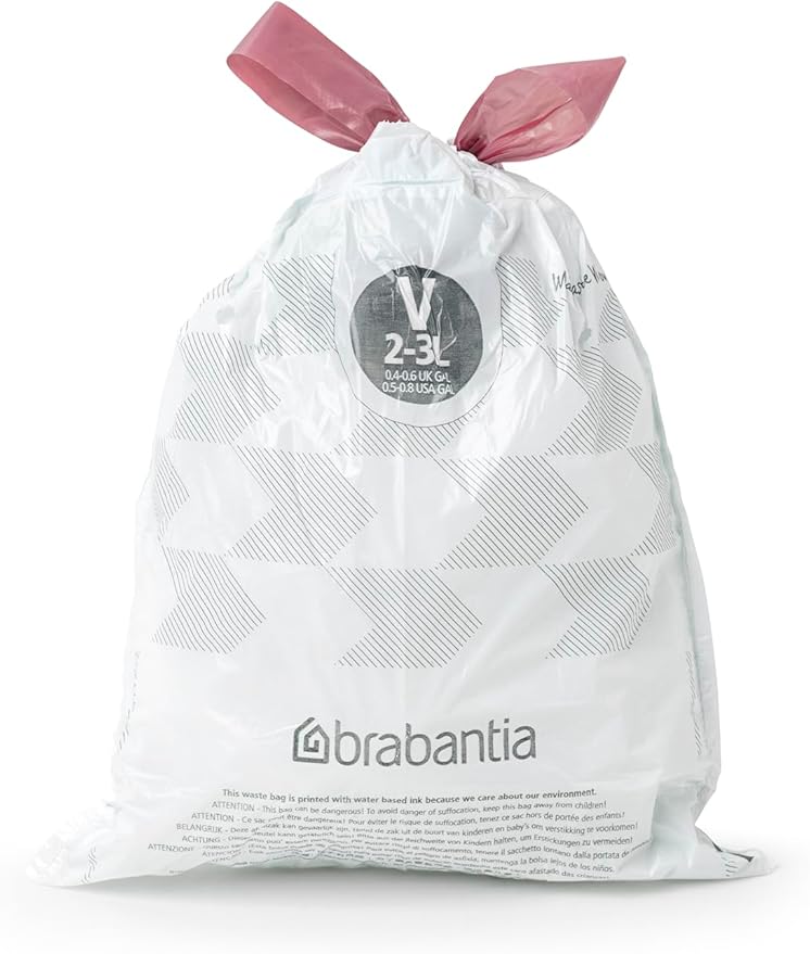 Brabantia PerfectFit Trash Bags (Size V / 0.8 Gallon) High Quality Thick Plastic Trash Can Liners with Tie Tape Drawstring Handles (20 Bags)