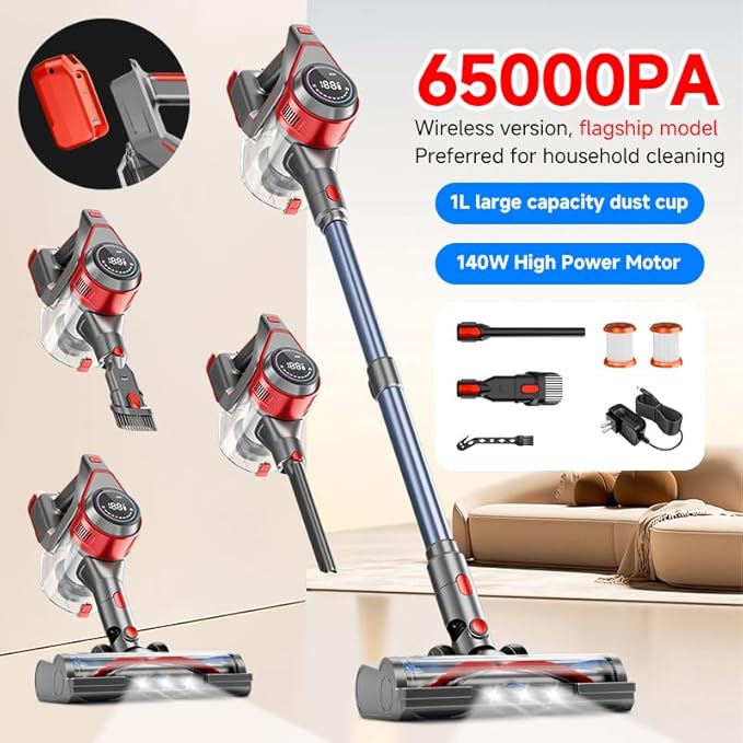 KIKETECH Cordless Vacuum Cleaner 8 in 1 Vacuum Cleaners1.7 L Dust Cup Rechargeable Vacuum Pet for Hair Carpet HardfloorY5