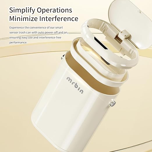 MRBIN Automatic Adsorption Metal Trash Can for Bathroom Touchless Garbage Bin with Lid 4.8 Gallon Slim Trash Can for Office and Bedroom Kitchen Electric Motion Sensor Waste Basket Cream White