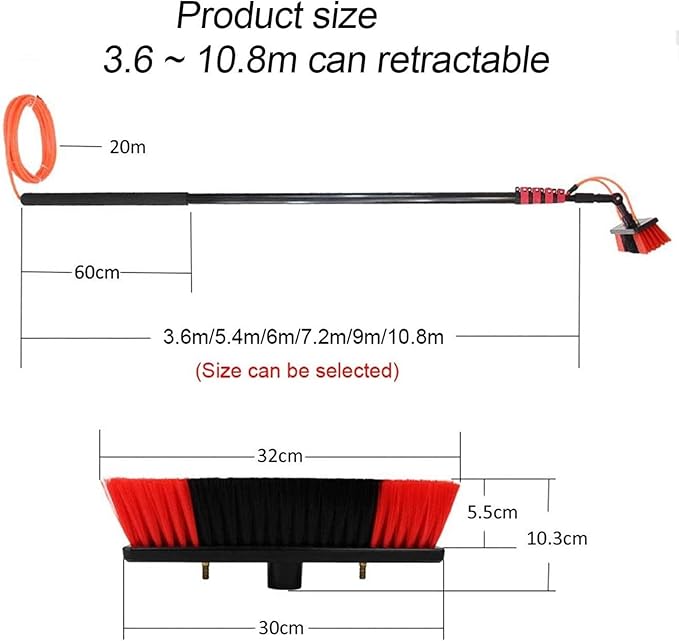 Outdoor Window Cleaning Pole Water Fed Telescopic Brush Window Cleaner Kit Solar Panel Washing Equipment with 20M Water Pipe Cleaning Conservatory Roof(30cm Head30FT/9M)