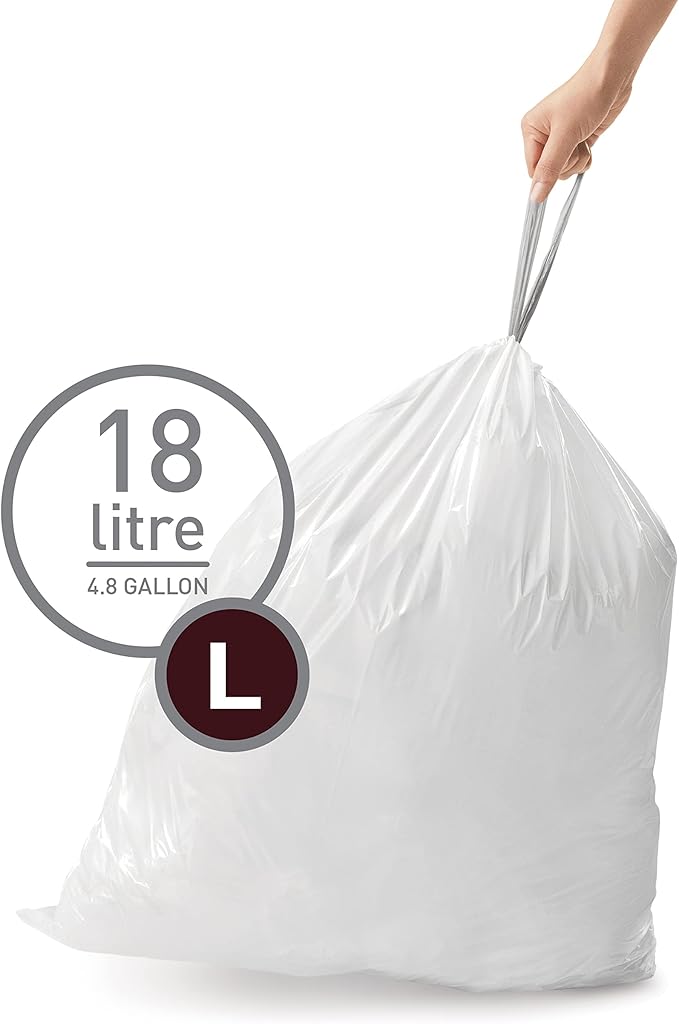 simplehuman Code L 100 Count Dispenser Pack Custom Fit Liners Drawstring Trash Bags 18 Liter / 4.7 Gallon White