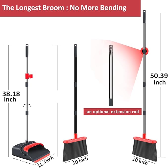 kelamayi Upgrade Broom and Dustpan Set Broom with Dustpan Combo Set Large Size and with Long Handle UprightIdeal for Indoor Outdoor Garage Kitchen Room Office Lobby Use (Black&ampRed)