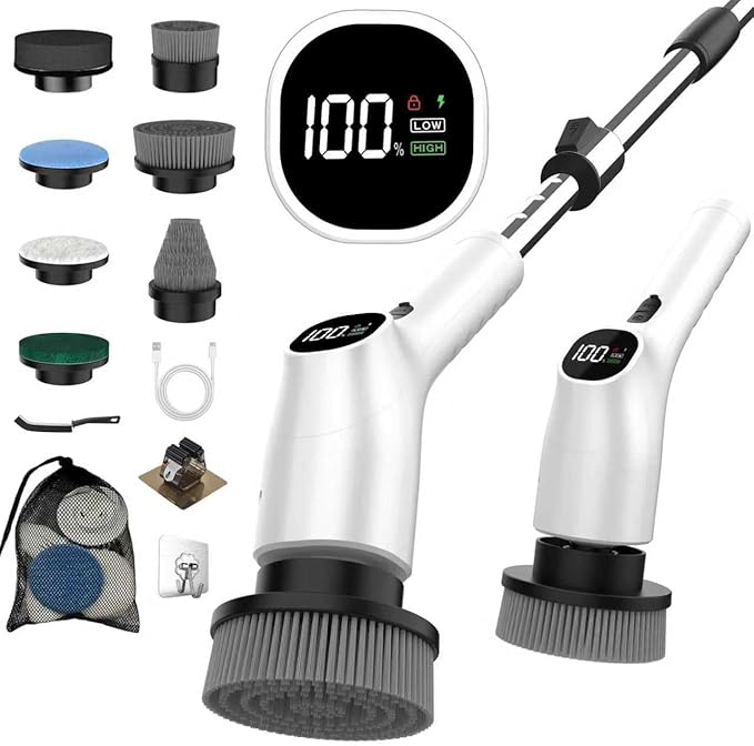 WKY-Electric Spin Scrubber - 10-in-1 Cordless Shower Scrubber &amp Cleaning Brush with Extendable Handle 2 Speeds IPX7 Waterproof Brush Heads LED Display Smart AI Chipfor Bathroom Kitchen White