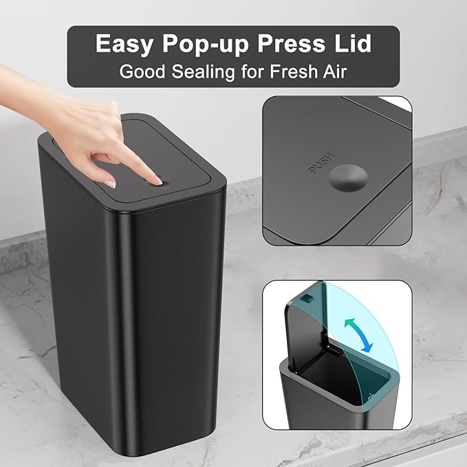 N. NETDOT 3 Pack 10L/2.6 Gal Bathroom Trash Can with Lid Trash Bin with Press Lid Small Trash Can/Slim Garbage Cans/Waste Basket for BathroomKitchenOfficeBedroom - BlackGrayOff White