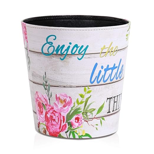 PU Leather Small Trash Can Wastebasket Round Garbage Container Basket for Bathrooms Laundry Room Kitchens Offices Kids Rooms BedroomsDormsHome Decorative Art Bin 2.9 Gallon (Little Joy)