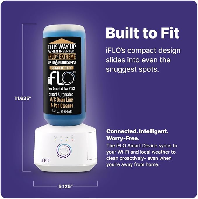 iFLO® Smart A/C Drain Line Cleaner and Drain Pan Cleaner Cartridge Concentrate Fast-Acting Long-Lasting HVAC System Solution for Tough Clogs &amp Buildup 6-Month Supply per Bottle 1 Pack of 36oz