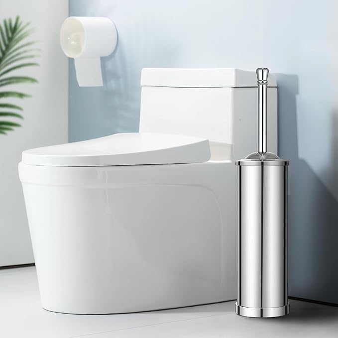 Chrome Toilet Brush and HolderToilet Bowl Brush with Long Handle for BathroomToilet Cleaner Brush-SpaceSavingCovered BrushDurable DeepCleaningSplash Resistant (Chrome)
