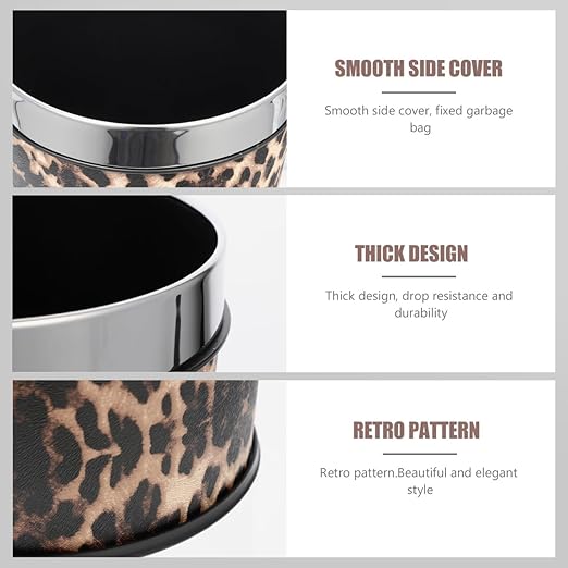 COHEALI Leopard Print Trash Can 5L Retro Stainless Steel Bathroom Wastebasket with Fixing Ring Small Garbage Can for Bedroom Office Kitchen Animal Print Decorative Waste Bucket 10.03x7.87in