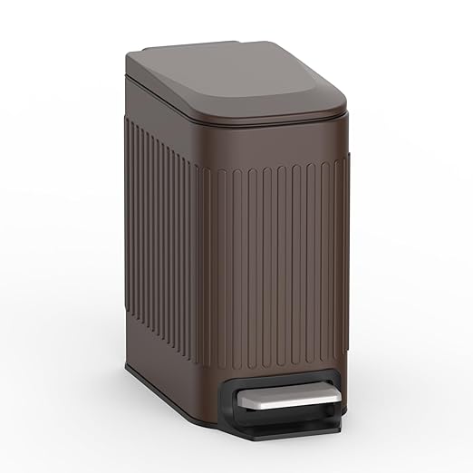 TrashAid Slim Bathroom Trash Can with Lid Soft Close 6 Liter/1.6 Gallon Stainless Steel Small Garbage Can with Removable Inner Bucket Step Pedal Slim Wastebasket for Toilet Office Bedroom Brown