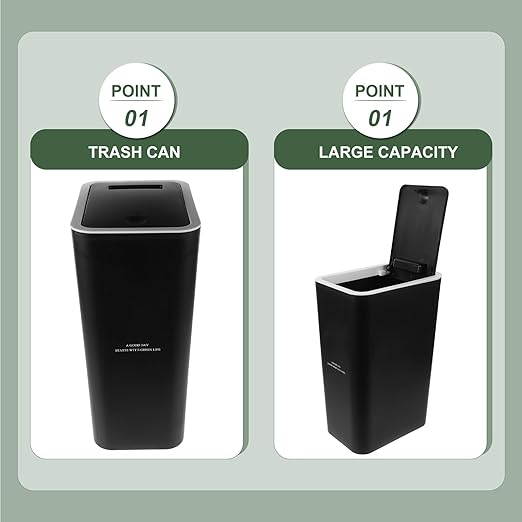 Alipis Slim Trash Can 10L Plastic Trash Can with Press Top Lid Modern Waste Basket Rubbish Bin Container for Home Office Bathroom Black