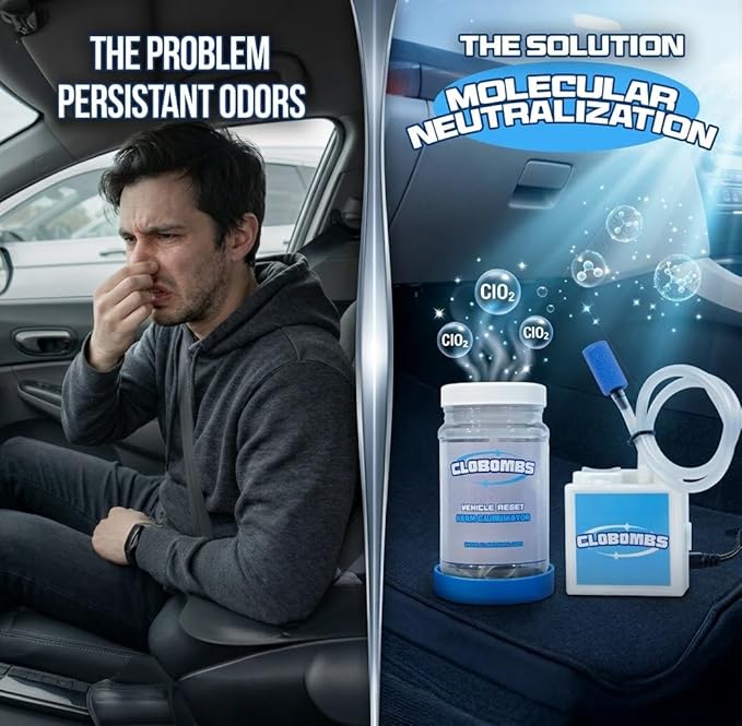 Odor Eliminator for Car Kit - Advanced Chlorine Dioxide Odor Removal Neutralizes Smoke Pet Urine Mildew &amp Skunk Odors in 1 Hour - Includes Bubbler System
