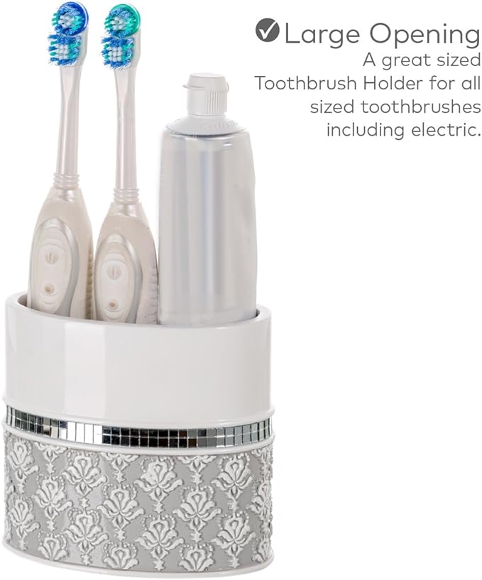 Creative Scents Mirror Damask White and Gray Bathroom Accessories Set - 6 Piece Bathroom Accessory Set Includes: Trash Can Tissue Box Cover Soap Dispenser Soap Dish Toothbrush Holder &amp Tumbler