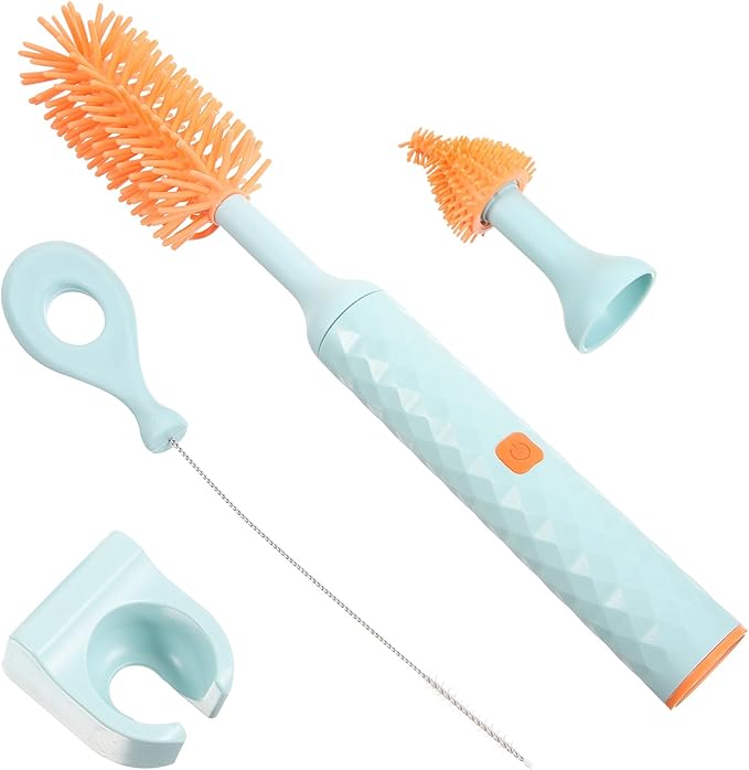 Electric Bottle Cleaning Brush Set with Silicone Nipple Brush 360° Rotatable Detachable Automatic Milk Bottle Cleaner for Feeding 3pcs Blue Kit