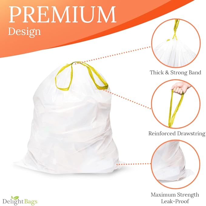 Delight Bags (Code H) 200 Count Compatible with Simplehuman Code H White Drawstring Trash Bags 8-9 Gallon 30-35 Liter 18.5’’ x 28’’ 1.2 Mil thick