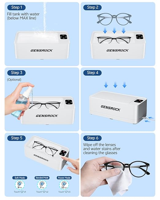 GENGROCK Ultrasonic Jewelry Cleaner Machine 48kHz Sonic Cleaner 3 Modes Deep Cleaning 360ML Food Grade Tank 45dB Quiet for Jewelry Rings Gold Silver Glasses Dentures(White)