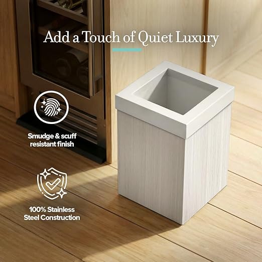 Gatco Small Bathroom Trash Can with Lid Square 3 Gallon Wastebasket Under Sink White Oak with Matte White for Bathroom Bedroom Office (1936W)