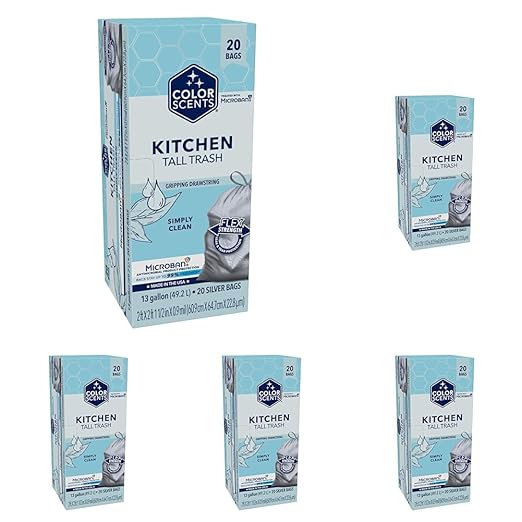 Color Scents Tall Kitchen Trash Bags - 13 Gallon 20 Bags (5 Pack of 20 Count) Drawstring - Silver Bag in Simply Clean Scent with Microban