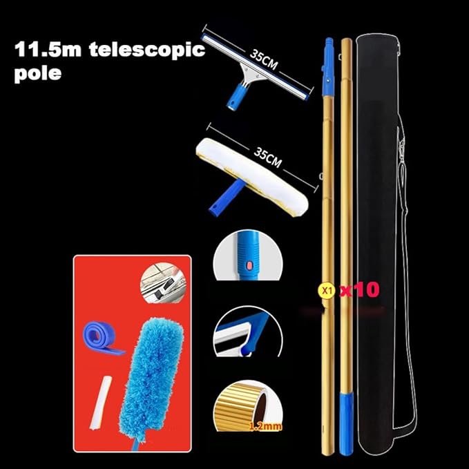 Telescopic Outdoor Window Glass Wiper One Pole Double Head with Rubber Scraper and Sponge Mop Titanium Alloy Long Handle Solar Panel CleaningPole Length 11.5m