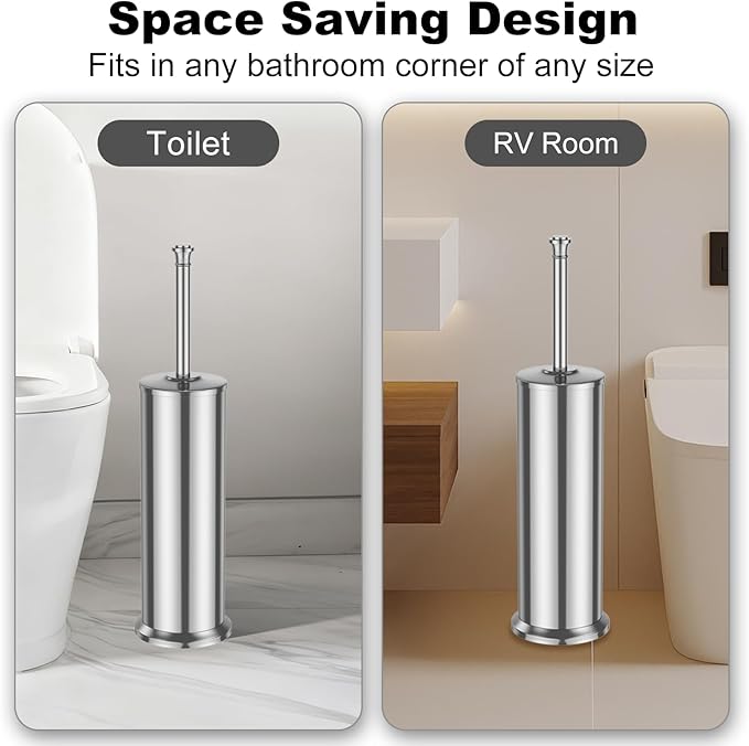 Silver Toilet Brush and HolderLong Handled Gold Toilet Brush for BathroomStainless Steel Heavy Duty Toilet Bowl BrushRemovable Inner BowlDeep Cleaning Dense Bristles Cleaner Brush -Space Saving