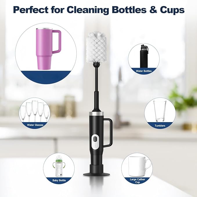 Rechargeable Electric Bottle &amp Cup Brush 360° Thorough Cleaning Without Blind Spots Suitable for Baby Bottles 40-Ounce Mugs Straws Wine Glasses etc. Easy to Air-Dry and Portable