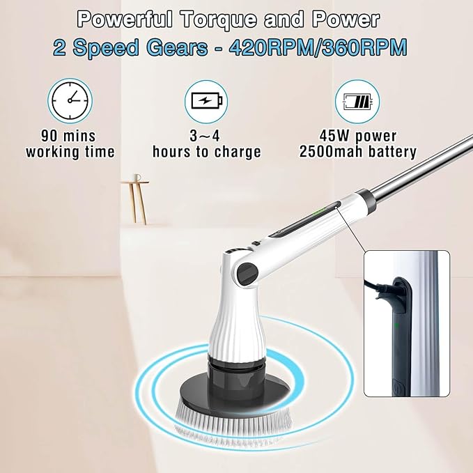 Electric Spin Scrubber 8 in 1 Electric Cleaning Brush Cordless Rechargeable Scrub Brush with 8 Replaceable Brush Heads Adjustable Length and Angle Power Scrubber for Bathroom Tile Bathtub Glass