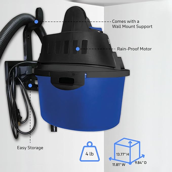 Koblenz WD-2.5L Portable Wet Dry Vacuum 2.5-Gallon 2.5 PHP Suction Plus Blower Vacuum Cleaner for Liquids Dust Pet Hairs 10’ Reach For Car Cleaning Wall-Mount Support Parts Included Blue/Black