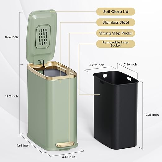 CEROELDA Small Bathroom Trash Can with Lid Soft Close-5L/1.3 Gal Slim Garbage Can-Metal Step Wastebasket-Rectangle Narrow Waste Bin for Office Bedroom Toilet Live Room-Green