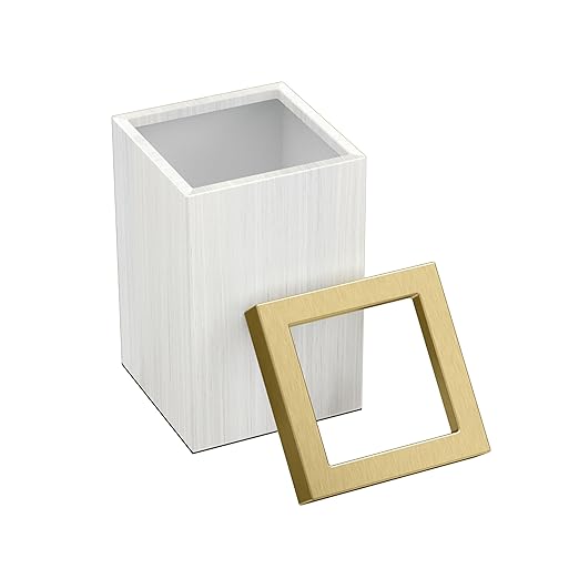 Gatco Small Bathroom Trash Can with Lid Square 3 Gallon Wastebasket Under Sink White Oak with Brushed Brass for Bathroom Bedroom Office (1936B)
