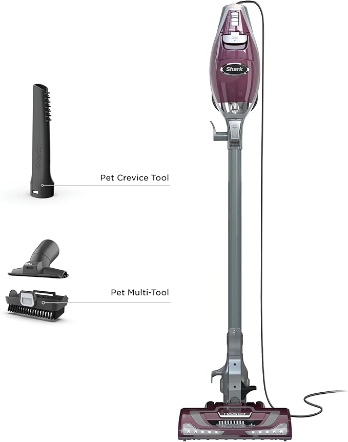 Shark HV322 Rocket Pet Plus Corded Stick Vacuum with LED Headlights XL Dust Cup Lightweight Perfect for Pet Hair Pickup Converts to a Hand Vacuum with (2) Pet Attachments Bordeaux/Silver