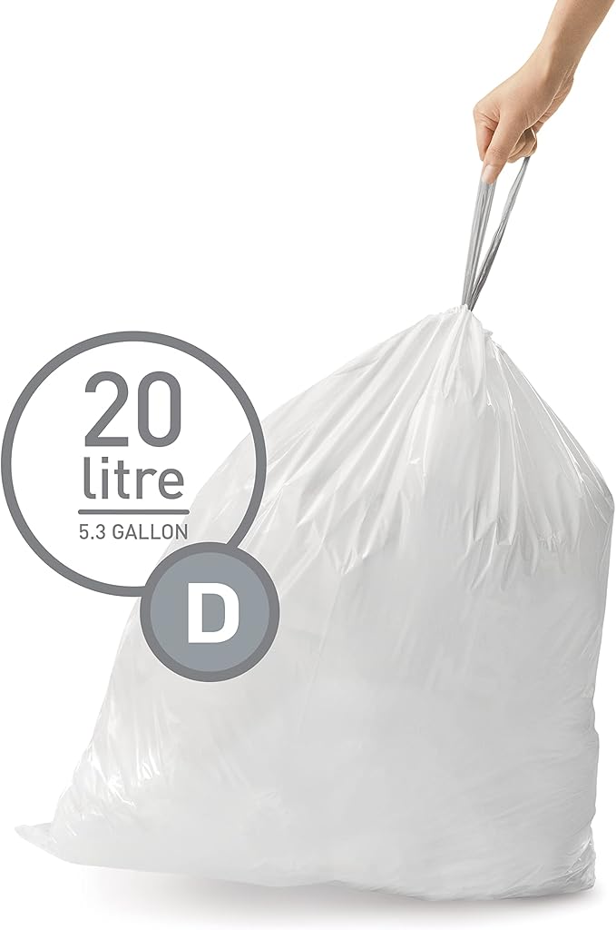 simplehuman Code D 60 Count Dispenser Pack Custom Fit Liners Drawstring Trash Bags 20 Liter / 5.3 Gallon White