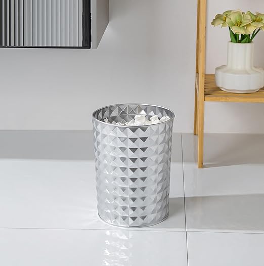 Small Round Metal Trash Can Wastebasket Decorative Diamond Pattern Garbage Can Waste Paper Bin Modern Farmhouse Round Trash Bin for Bathroom Bedroom Kitchen and Office (Silver)