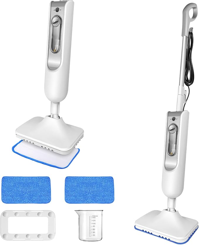 Steam Mop with 2 Microfiber Pads Lightweight Safe for All Sealed Hard Floors like Tile Stone Hardwood Laminate Vinyl and More Washable Pads 13.5Oz Water Tank 16ft Cord 2 Modes White