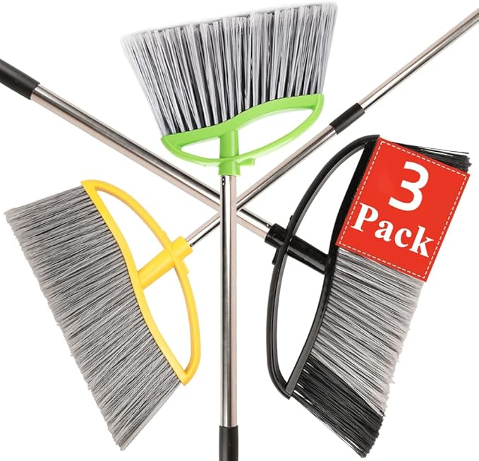 3 Pack Wide Heavy Duty Angle Broom - Stiff Bristle Outdoor Brooms for Sweeping Patio Garden Garage Yard (Black Yellow Green)