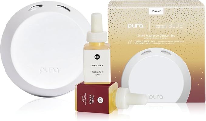 Capri Blue x Pura 4 - Smart Fragrance Diffuser Plug in Kit - Includes 1 Pura Diffuser + 2 Fragrance Refill Vials - Long Lasting Scents - LED Light - 2.4 GHz WiFi Required (Tinsel &amp Spice + Volcano