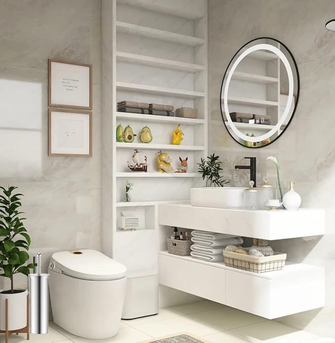 Chrome Toilet Plunger with Holder Bathroom Metal Canister Holder Drip Cup Heavy Duty Deep Cleaning Silver
